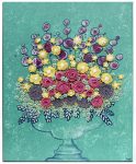 Floral still life in teal with pink and yellow sculpted flowers
