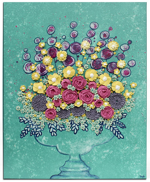 Floral still life in teal with pink and yellow sculpted flowers
