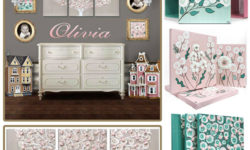 Amborela nursery wall art in pink teal and warm gray