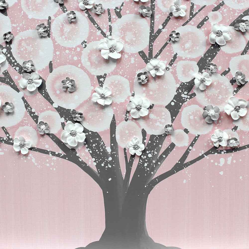 Center view of nursery canvas art pink and gray tree