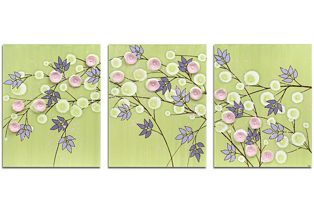 Nursery wall art of green and pink flowers