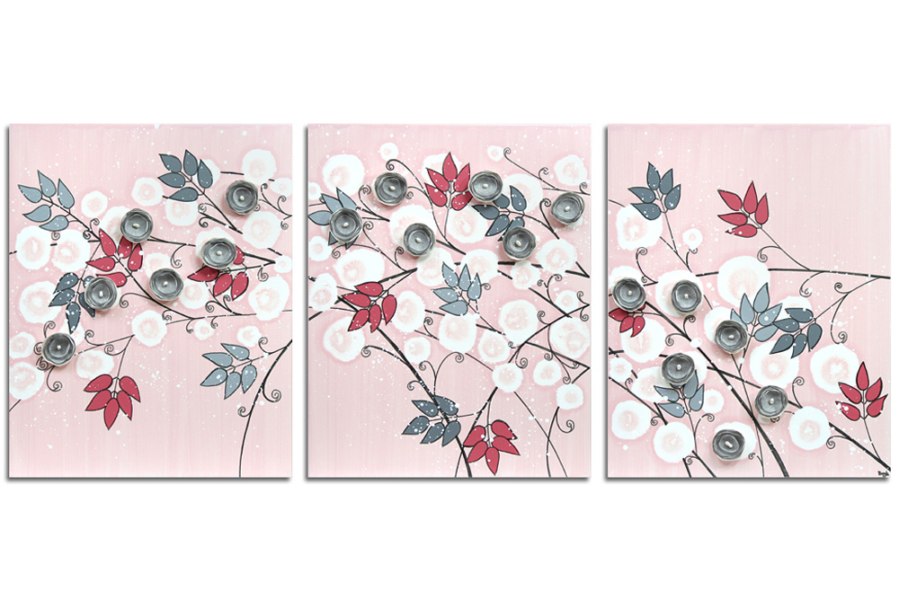 Nursery wall art of pink and gray flowers