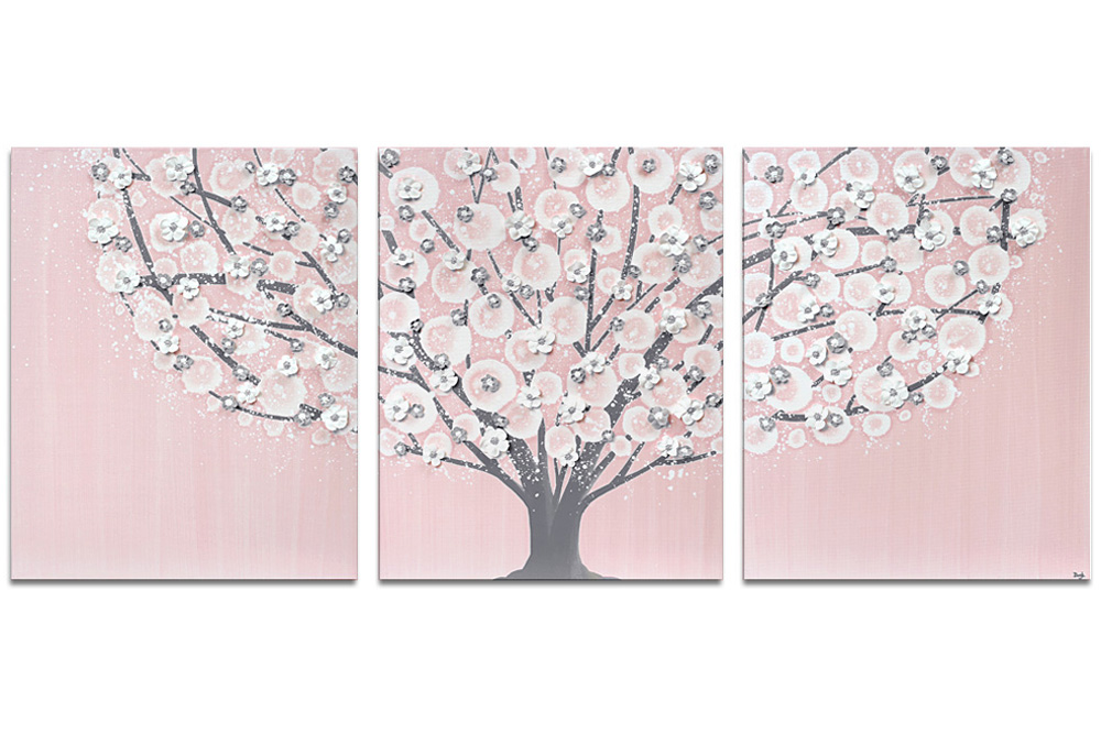 Nursery wall art of pink and gray tree