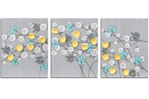 Gray, Aqua, Yellow Wall Art Painting of Flowers on 3 Canvases | Large