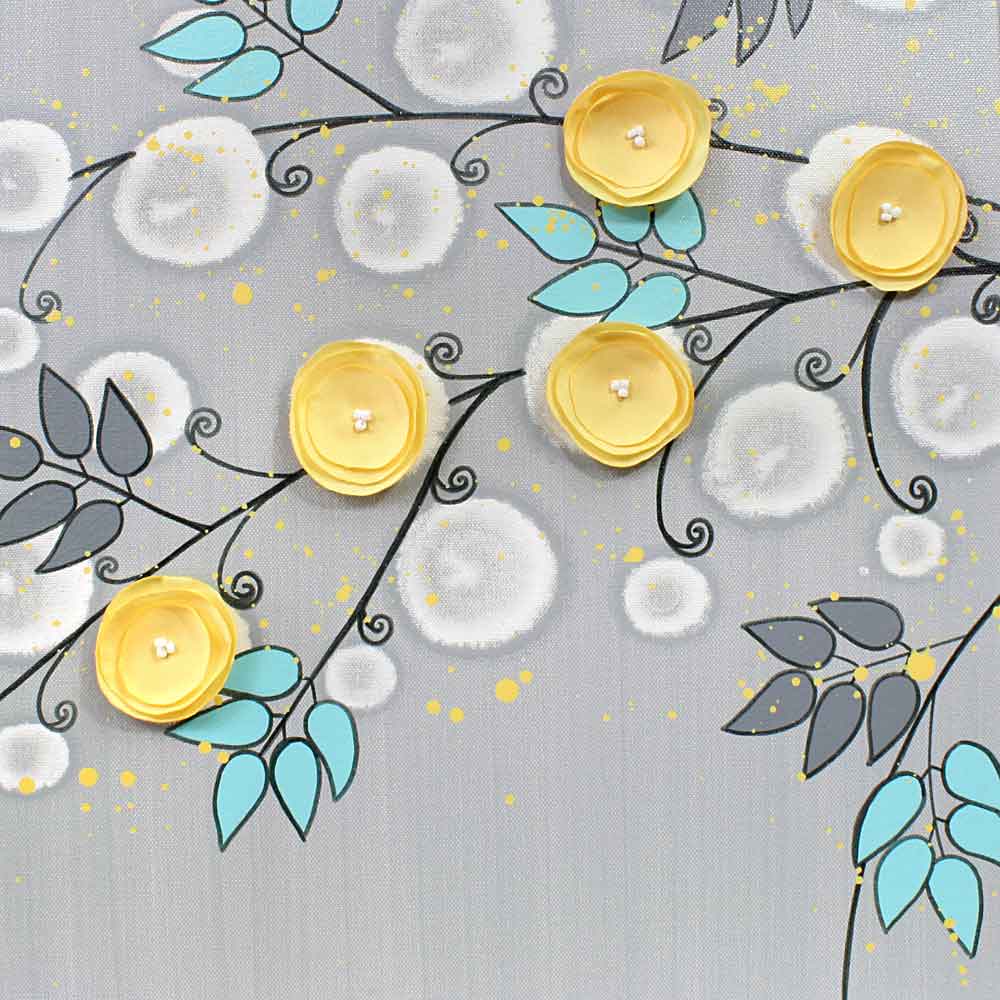 Details of wall art gray and yellow climbing flowers