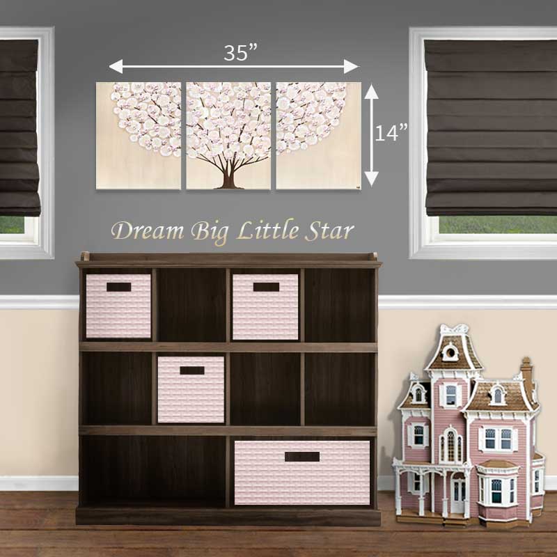 Size guide for khaki and pink tree art above changing table