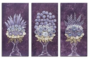 Floral Wall Art Paintings on 3 Canvases in Dark Purple