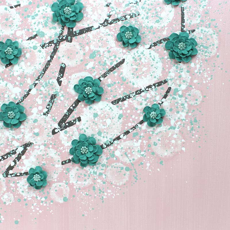 Close up of nursery art pink and teal blossom tree