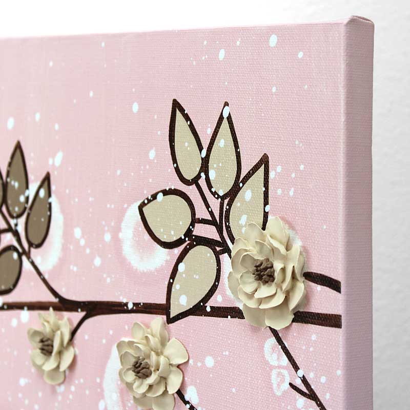 Angle view of nursery art of pink and brown climbing flowers