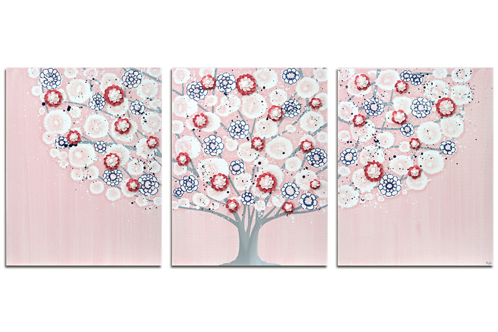 Nursery art pink and indigo spring blossom tree