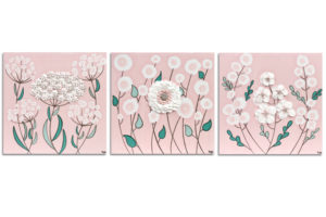 Botanical Nursery Art Paintings in Pink and Teal on 3 Canvases