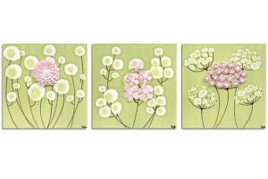Wall Art on 3 Canvases, Green and Pink Flowers