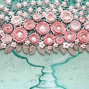 Floral Nursery Art Decor with Sculpted Roses in Teal and Pink