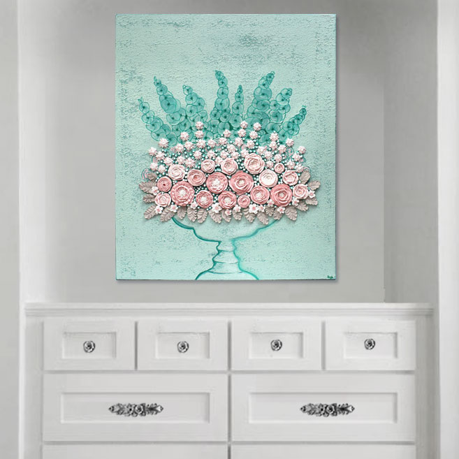 Setting view of nursery art spring peony and rose bouquet