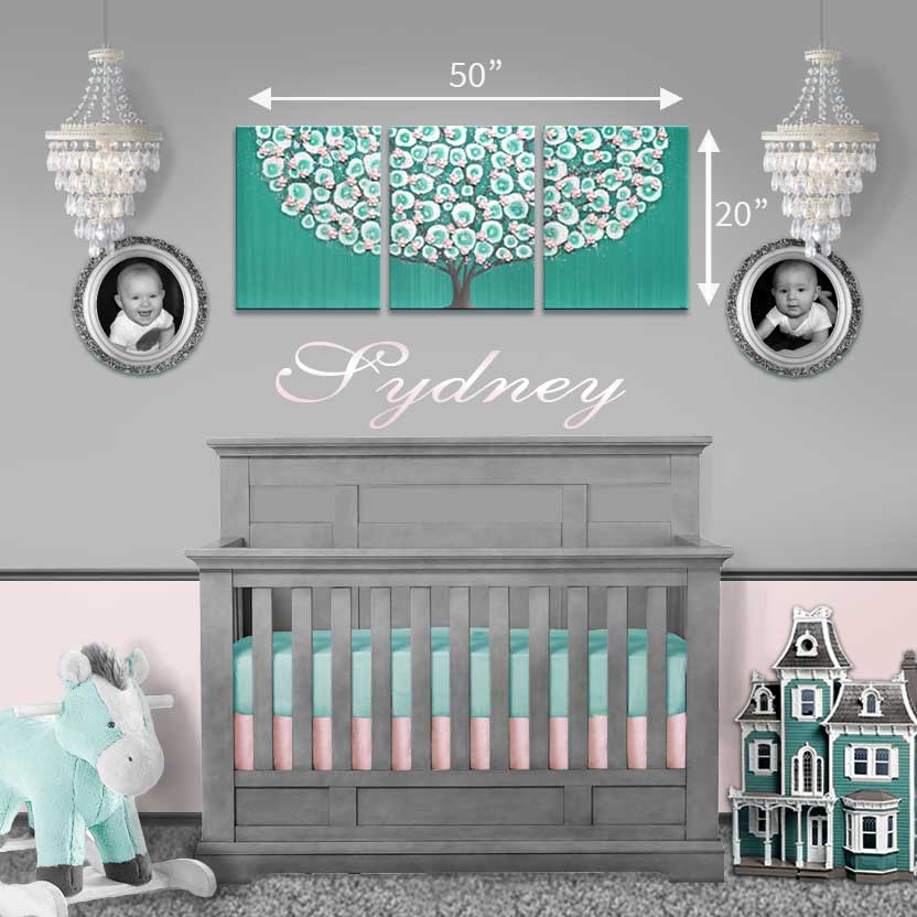 Large size guide for teal and pink nursery tree art