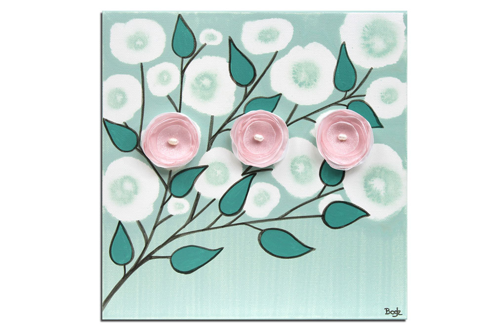 Nursery art of teal and pink blossoms