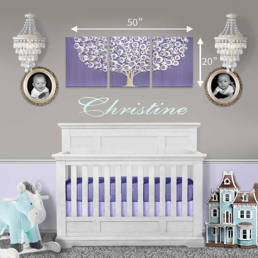 Violet tree art above crib size guide