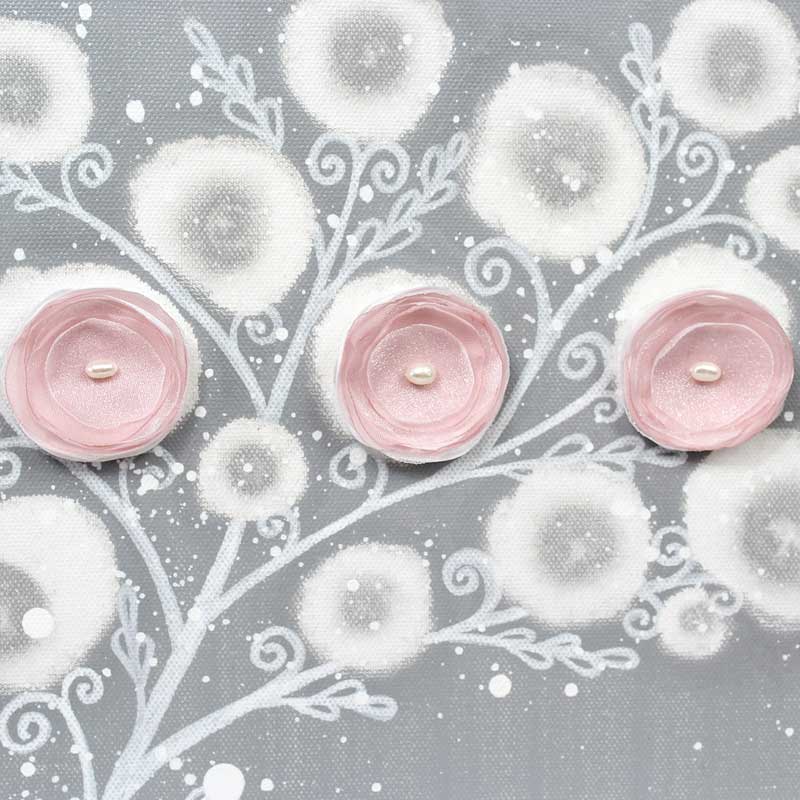 Center view of nursery canvas art gray and pink poppy branch