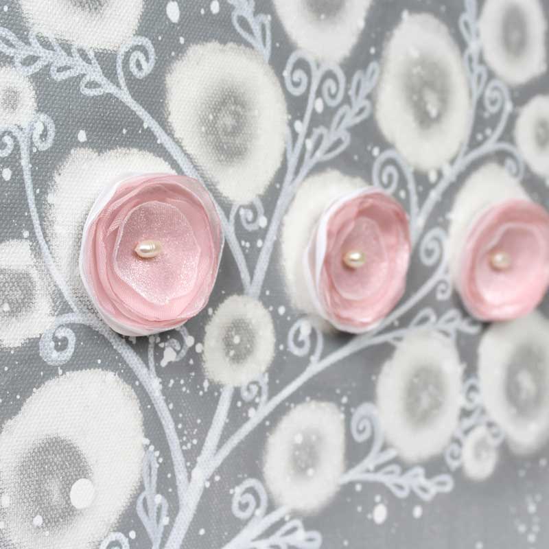 Details of nursery canvas art gray and pink poppy branch