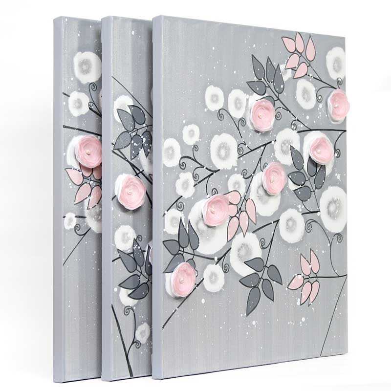 Side view of nursery canvas art gray and pink climbing flowers