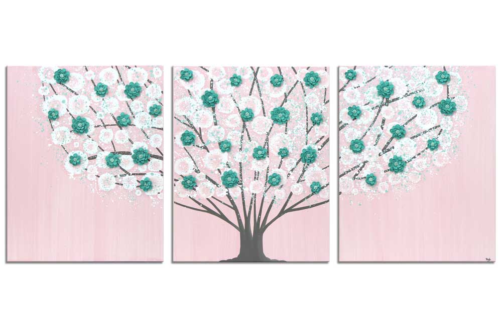 Nursery art pink and teal blossom tree