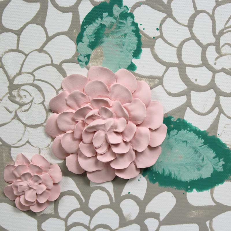 Close up of nursery art warm gray and pink dahlias