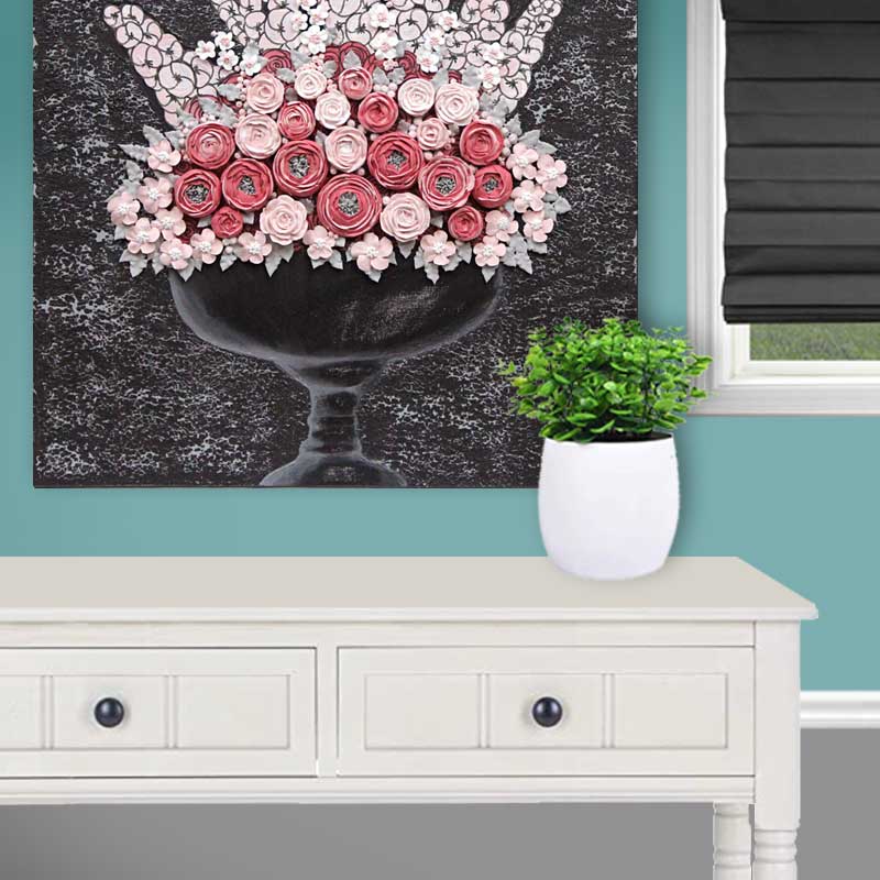 Pink rose painting in entryway setting