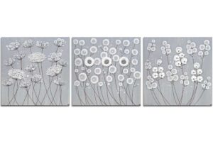 3 Piece Wall Art Flowers in Neutral Gray White | Extra Large