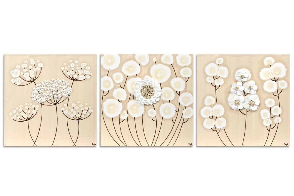 Wall art khaki and white flower set of three