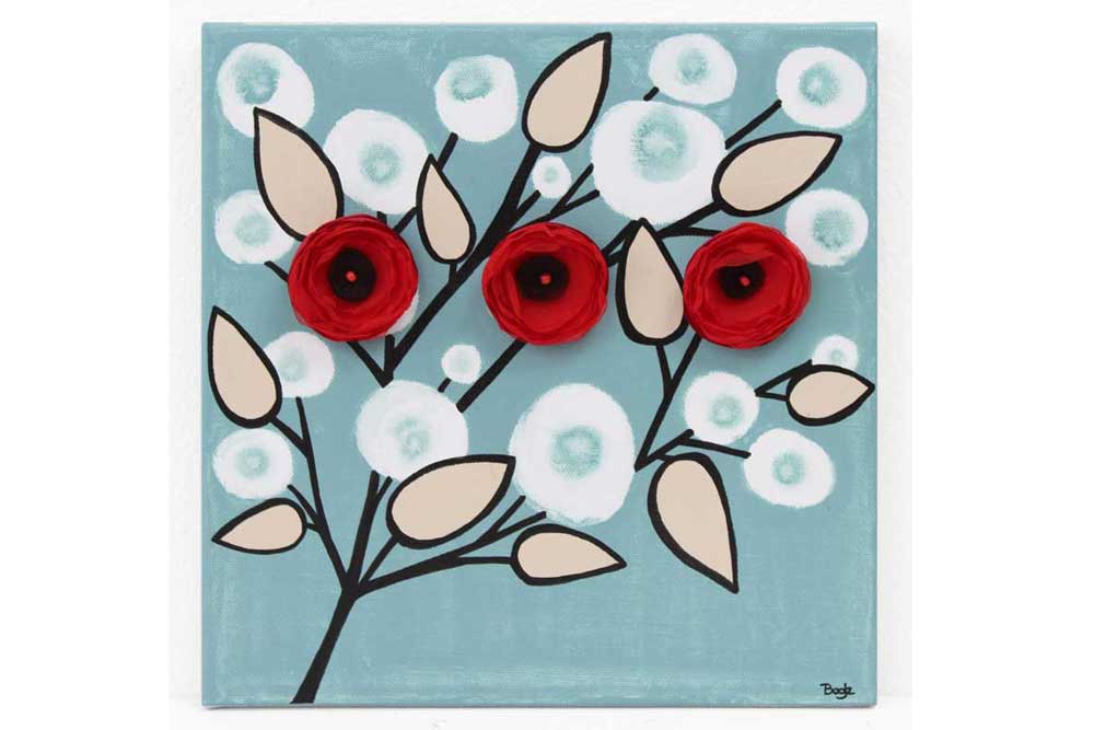 Wall art of red and black flower branches