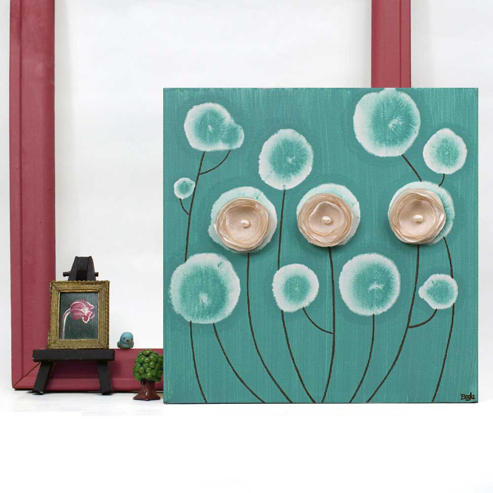 Setting of small wall art teal poppies