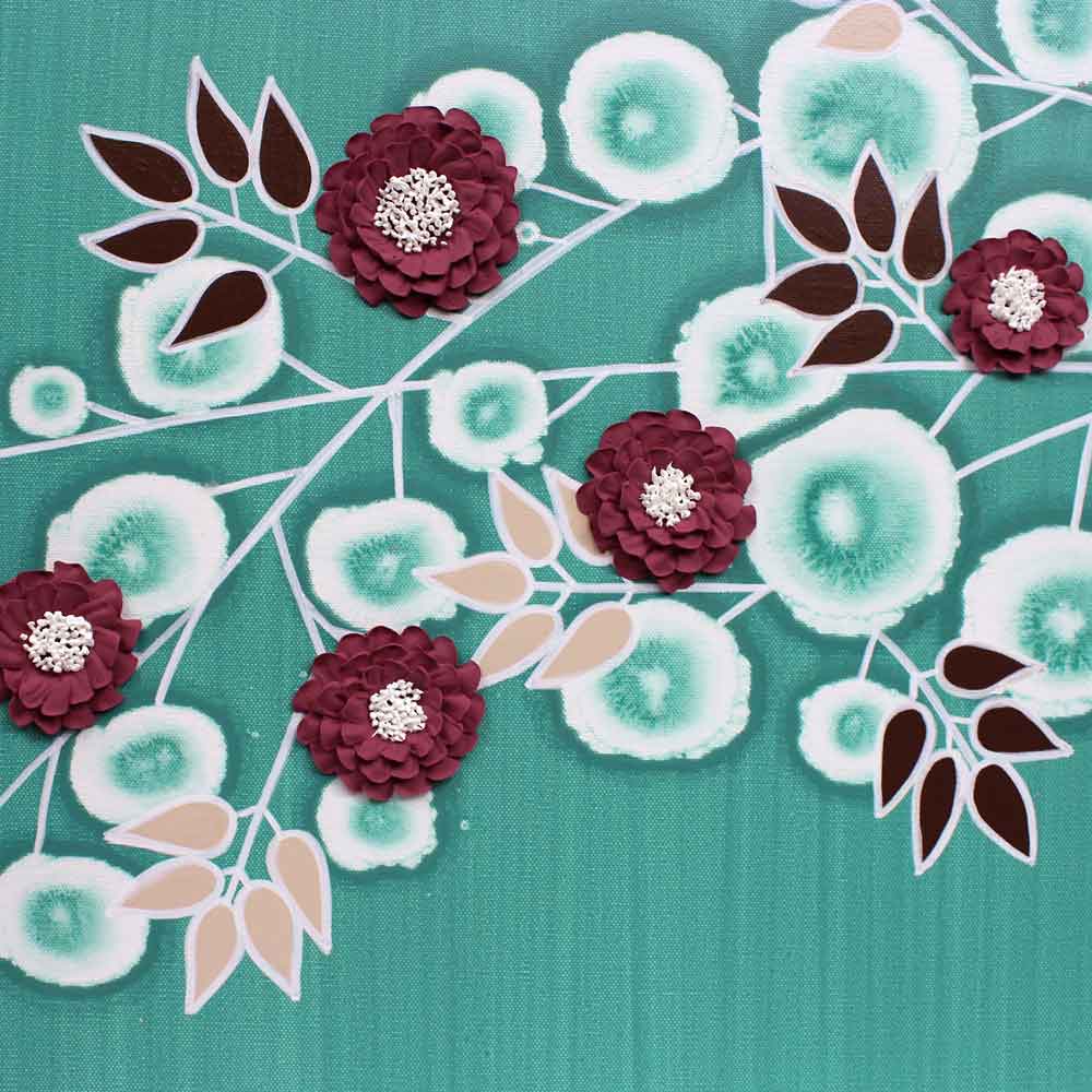 Center view of wall art teal and wine climbing flowers