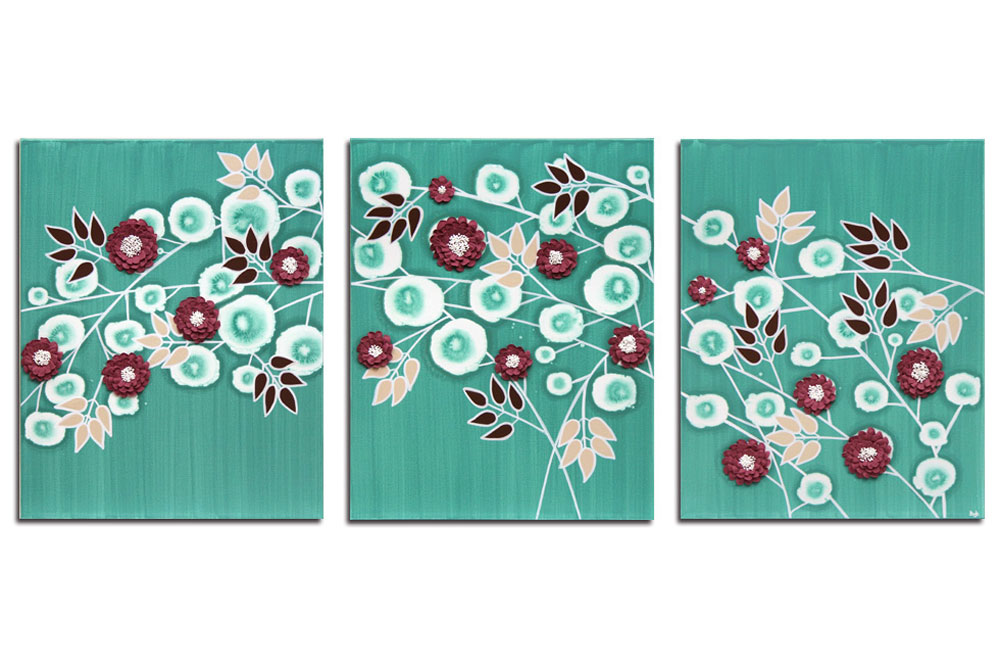 Wall art teal and wine climbing flowers