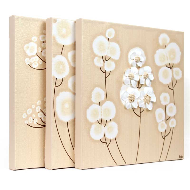 Side view of khaki and white flowers set of three