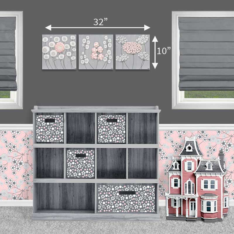 Size guide for nursery art gray and pink flowers set of three
