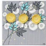 Gray Yellow Aqua Canvas Painting of Poppy Flowers | Small