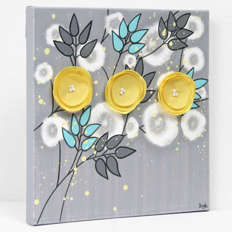 Side view of small wall art gray yellow flowers