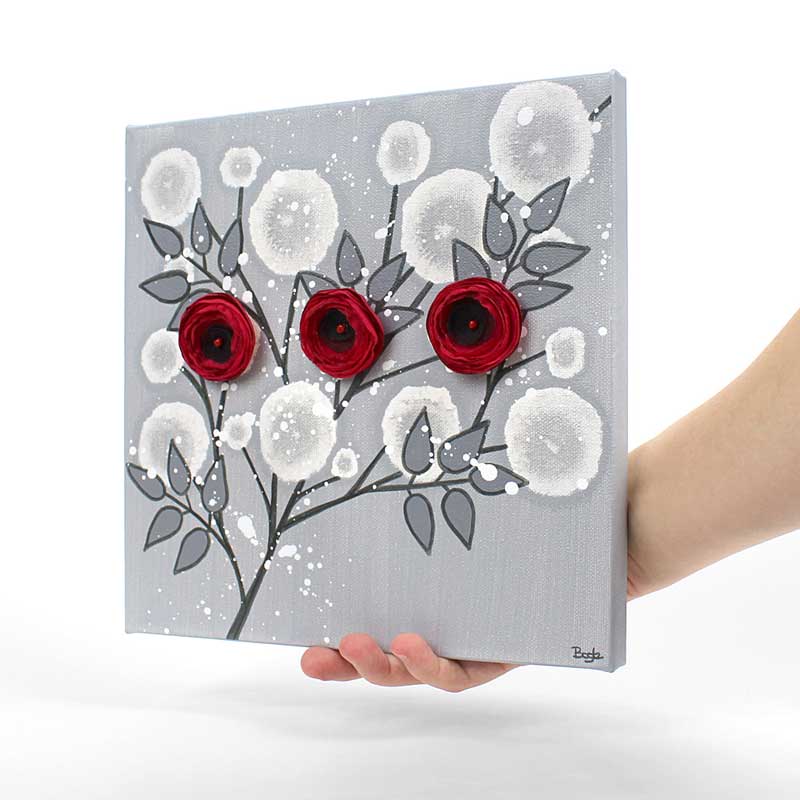 In scale of wall art painting of gray and red rose branch