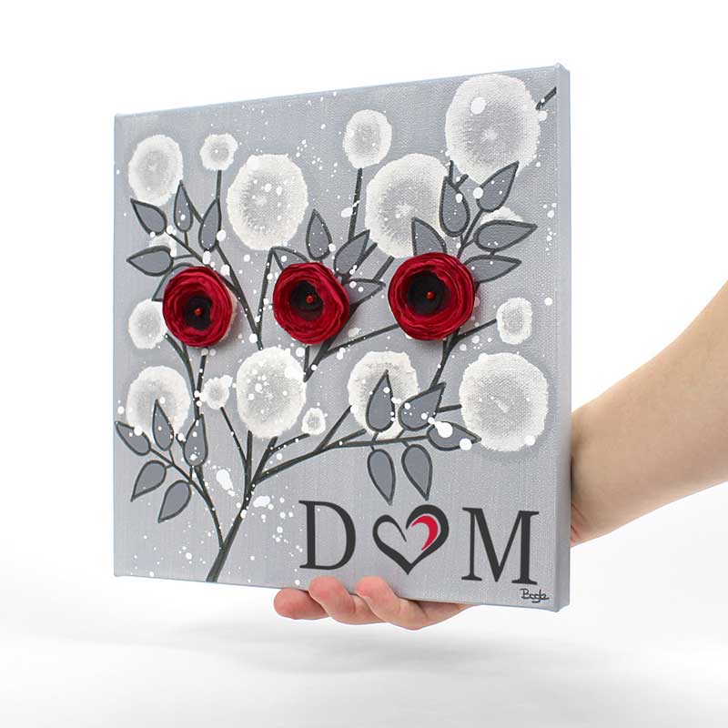 Initials inscription hand painted on gray and red rose wall art