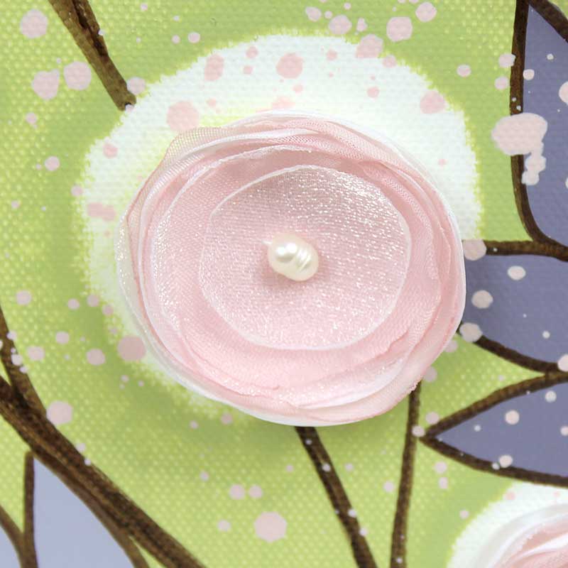 Close up of nursery art green pink climbing flowers