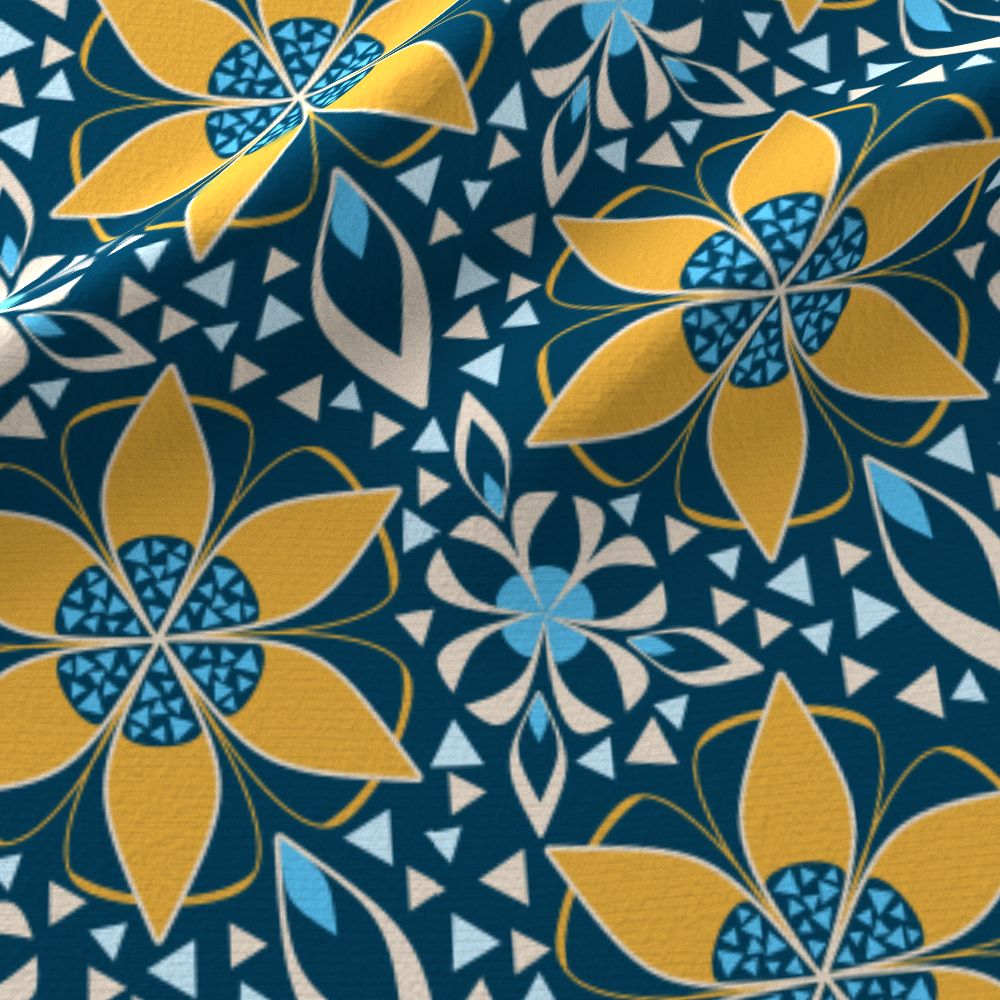 Fabric - Art Deco Floral Gold and Blue
