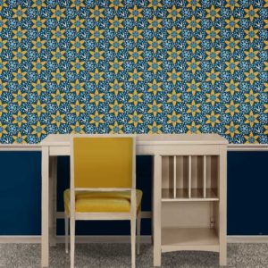Fabric & Wallpaper: Art Deco Floral in Gold and Blue