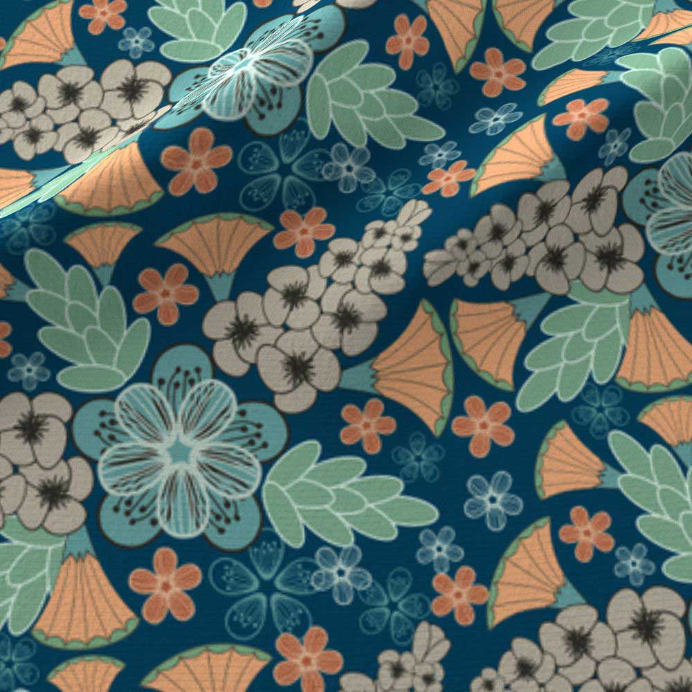 Art deco floral in blue, orange, and green