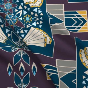 Fabric & Wallpaper: Large Art Deco Floral in Plum, Yellow, Blue