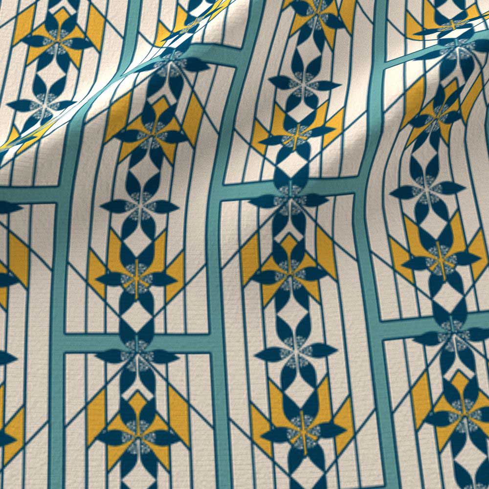 Print of art deco style windowpanes in indigo, teal, and yellow