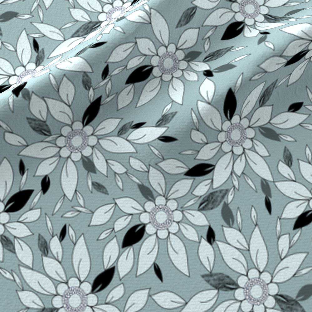 Blue and black flower and leaf print