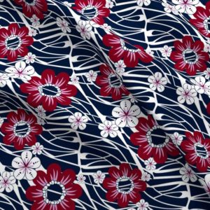 Fabric & Wallpaper: Hawaiian Floral Waves in Navy, Burgundy