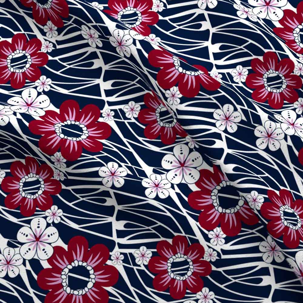 Hawaiian floral and wave print in navy and pink