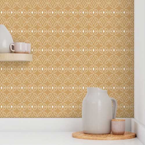 Kitchen wallpaper in goldenrod yellow art deco pattern