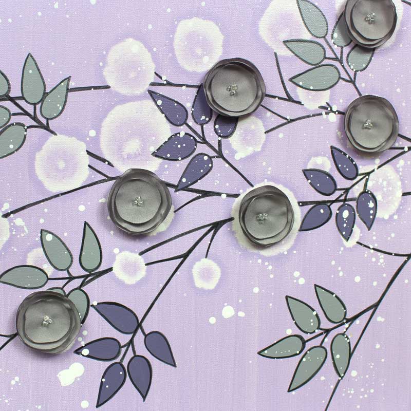 Center view of nursery art flowers in lilac an gray